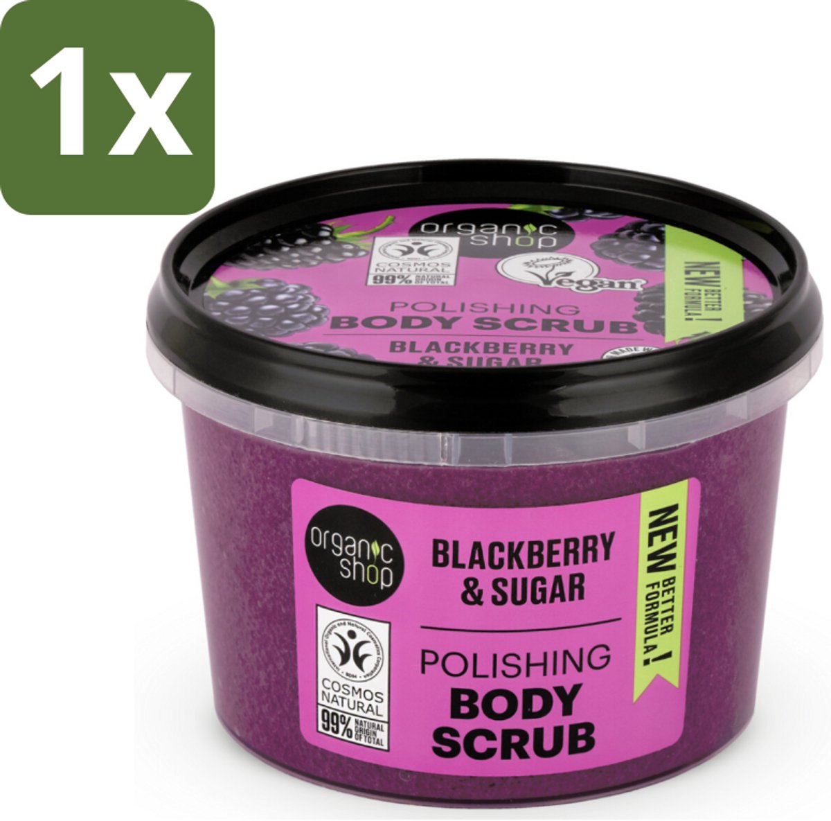 1 x Organic Shop - Body Scrub Blackberry - Verfrissend en Hydraterend - 250 ml - Bodyscrub - Exfoliatie - Huidverzorging - Organisch Braamextract - Natuurlijke Suiker