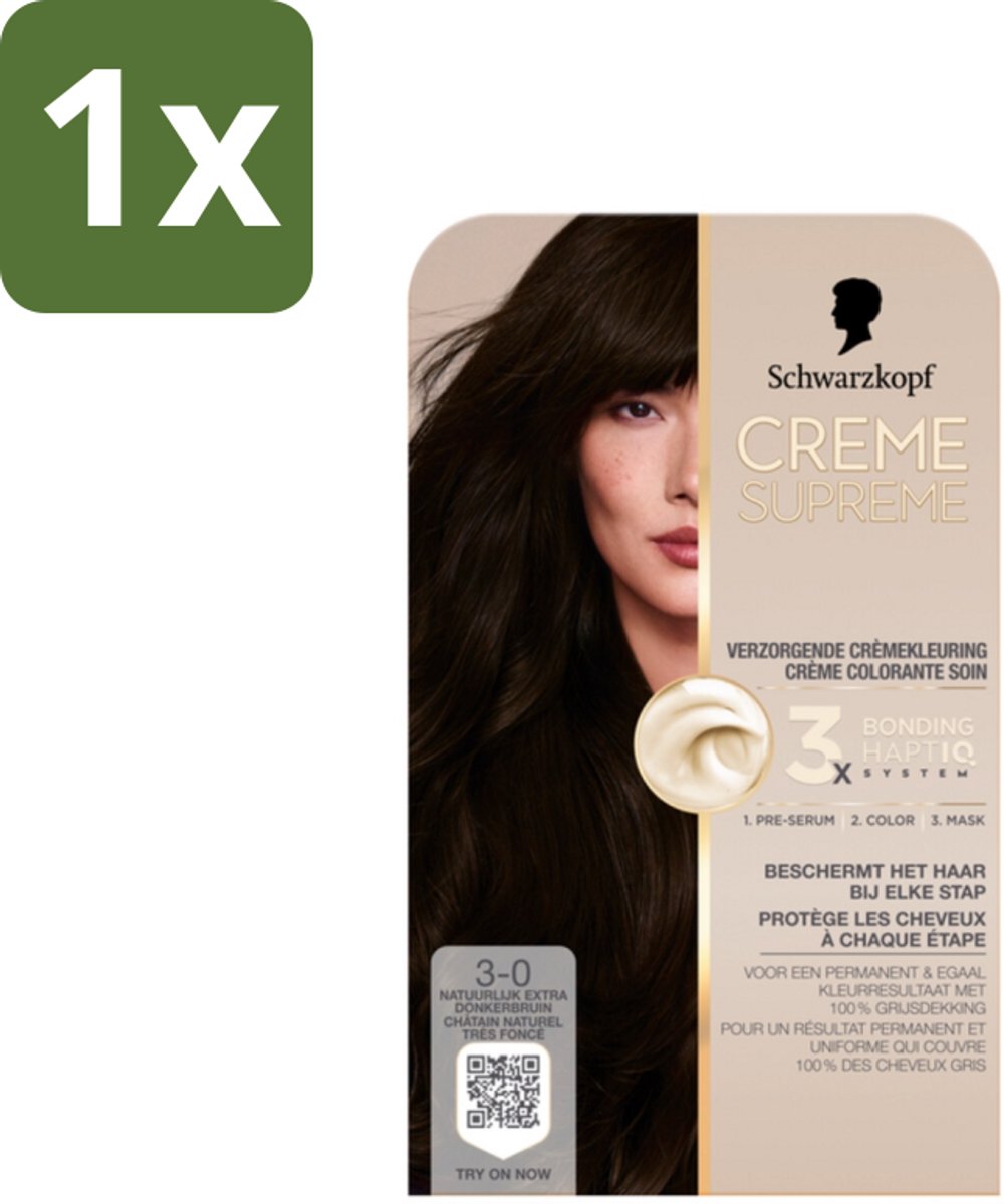 1 x Schwarzkopf - Haarkleuring - Creme Supreme 3-0 - Natuurlijk Extra Donkerbruin - 245g - Haarkleuring - Permanent Haarkleur - Donkerbruin Kleur - Haarverf - Haarverf 3-0
