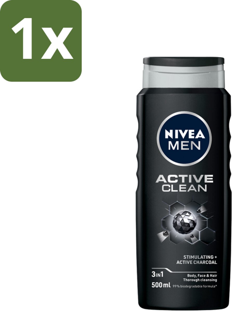 1 x NIVEA MEN - Douchegel - Active Clean - 500 ml - Douchegel - Actief Houtskool - Reiniging - Mannelijke Geur - Huid Reinigen