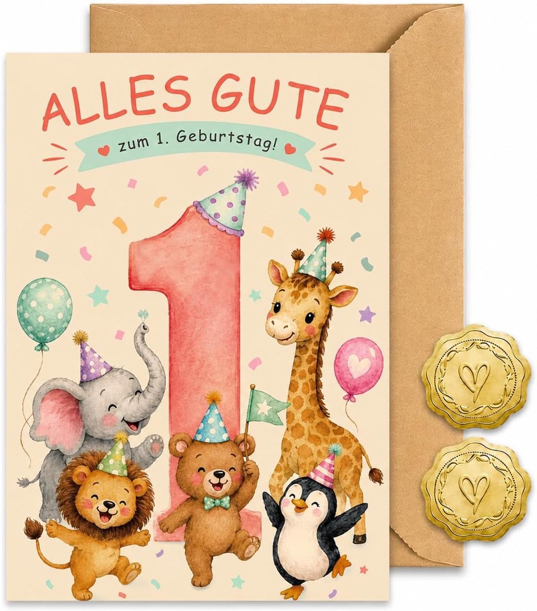 Verjaardagskaart 1e verjaardag met envelop - wenskaart voor meisjes en jongens voor de eerste verjaardag - ShopVlot