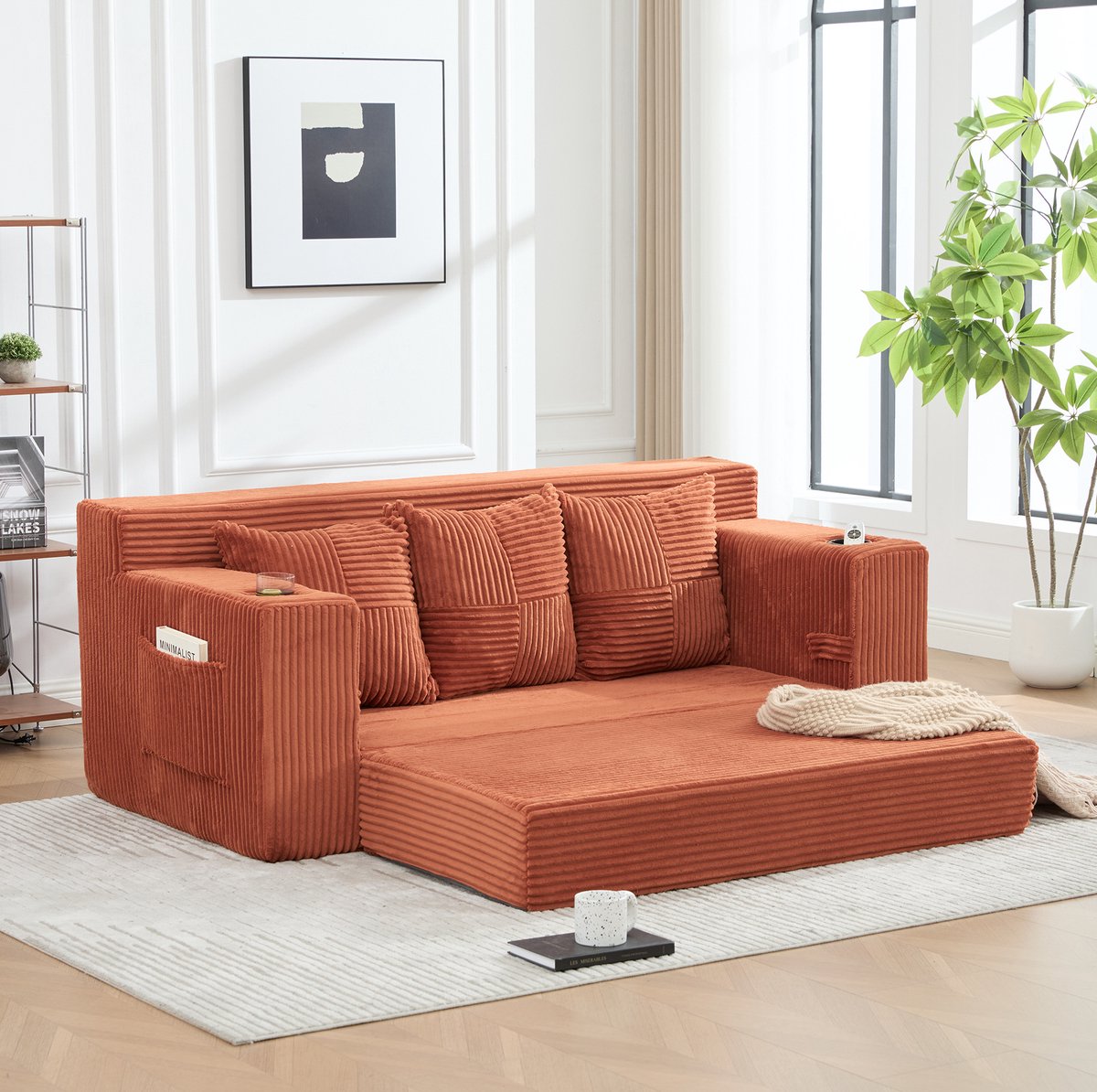 3-Zits Slaapbank 172 Cm - Modulair En Uitklapbaar Met Bekerhouders En Zijvakken - Voor Woonkamer En Studio - Corduroy - Oranje