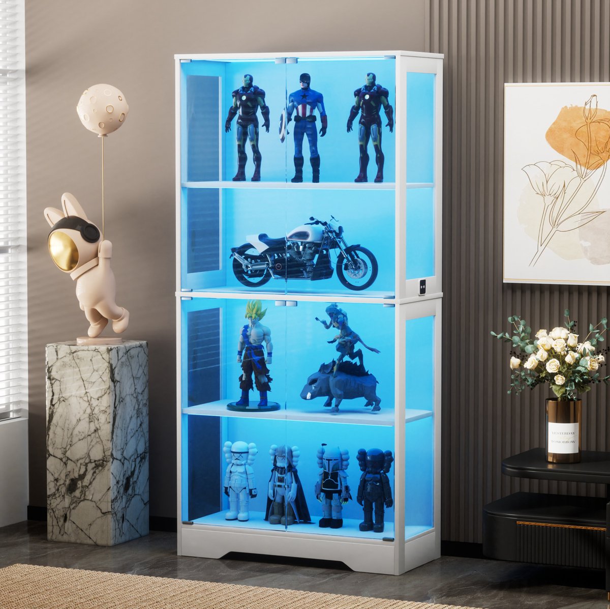 REDOM - Vitrinekast - Glazen deuren - LED verlichting - 4 lagen - Glas en MDF - Wit - 80 x 35 x 165 cm - Woonkamer en slaapkamer