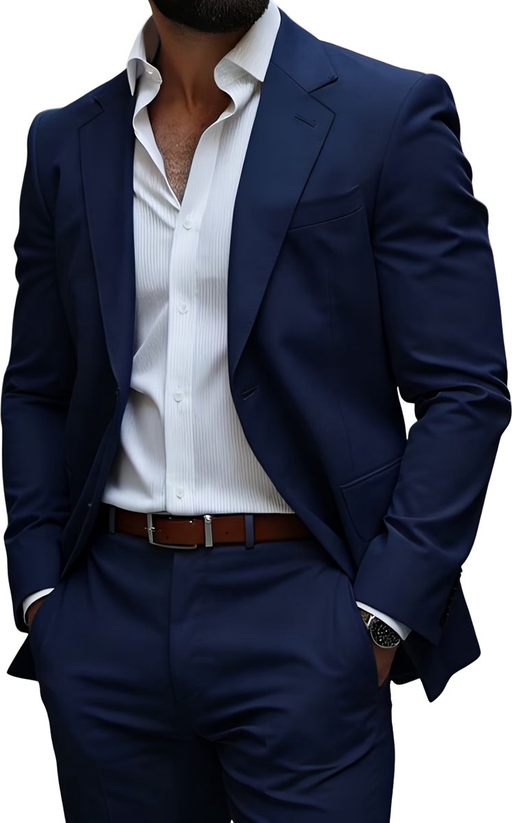 Currero 3 Delig Herenpak Met Overhemd - Suit 2 Delig - Tailored Fit Kostuum - Business Pak - Trouwpak - Smoking - Tuxedo Stijl - Bruiloft, Kantoor & Feest - Marineblauw XXL