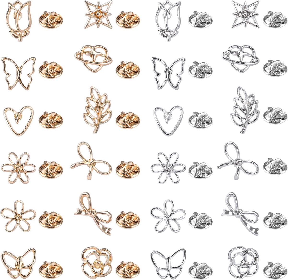 Mini Brooches Pins 24Pcs, Small Flower Lapel Pin For Women Gold Silver Bow Heart Leaf Butterfly Brooch Dress Skirt - ShopVlot