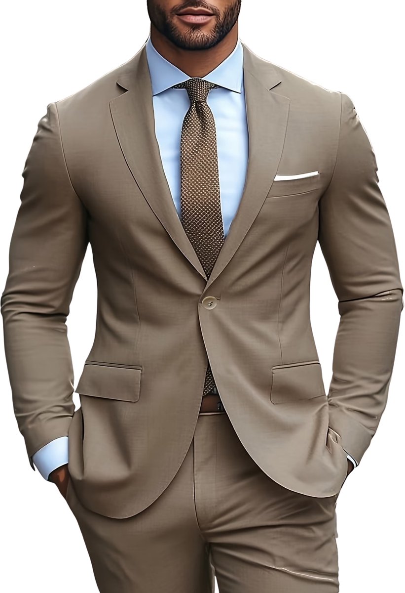 Currero 3 Delig Herenpak Met Overhemd Suit 2 Delig Tailored Fit Kostuum Business Pak Trouwpak Smoking Tuxedo Stijl Bruiloft Kantoor & Feest Creme