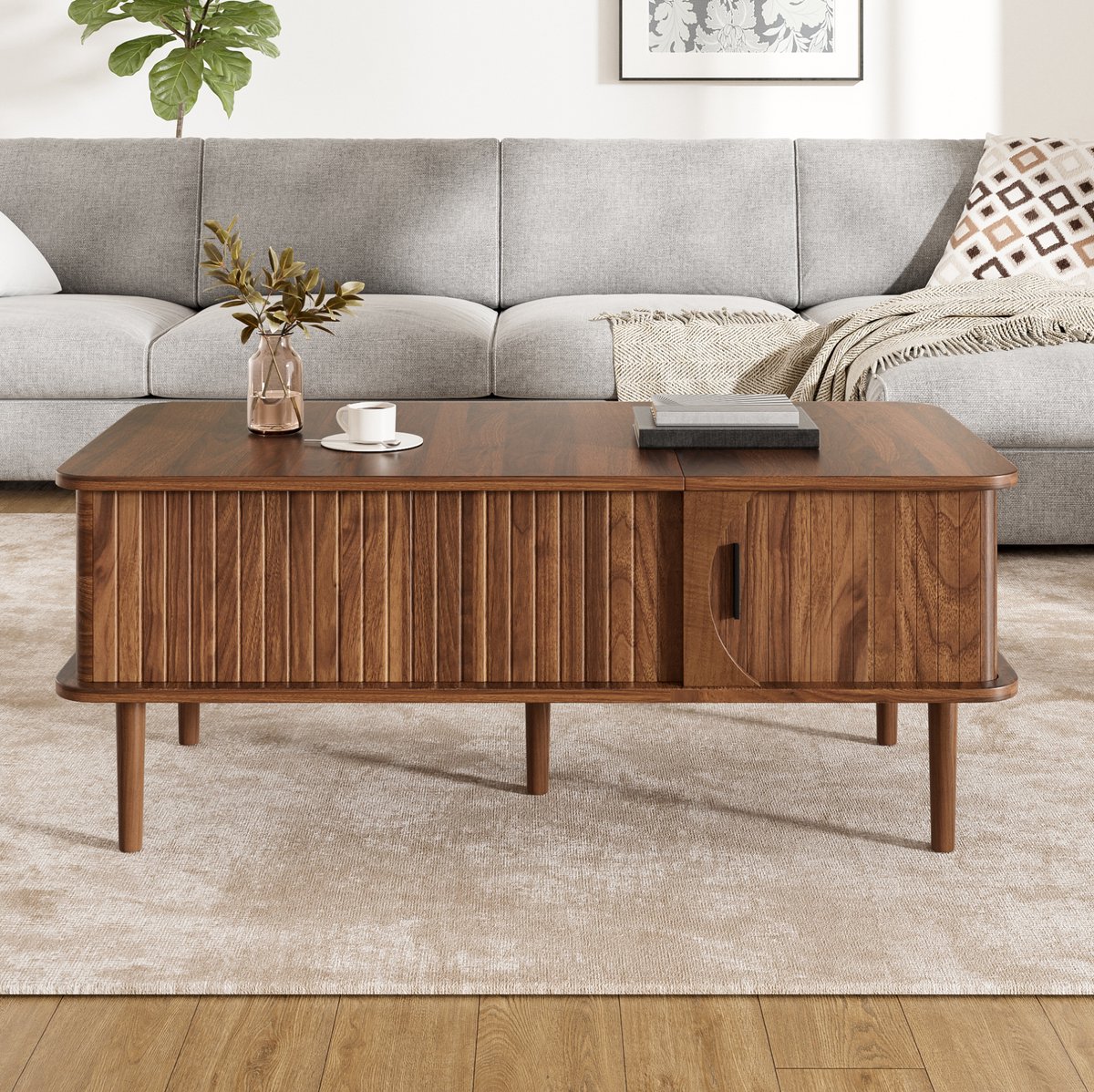 MODENUIT Salontafel - Verstelbaar Tafelblad En Schuifdeur - Voor Woonkamer - MDF - Walnoot - 100x48x55,5 Cm