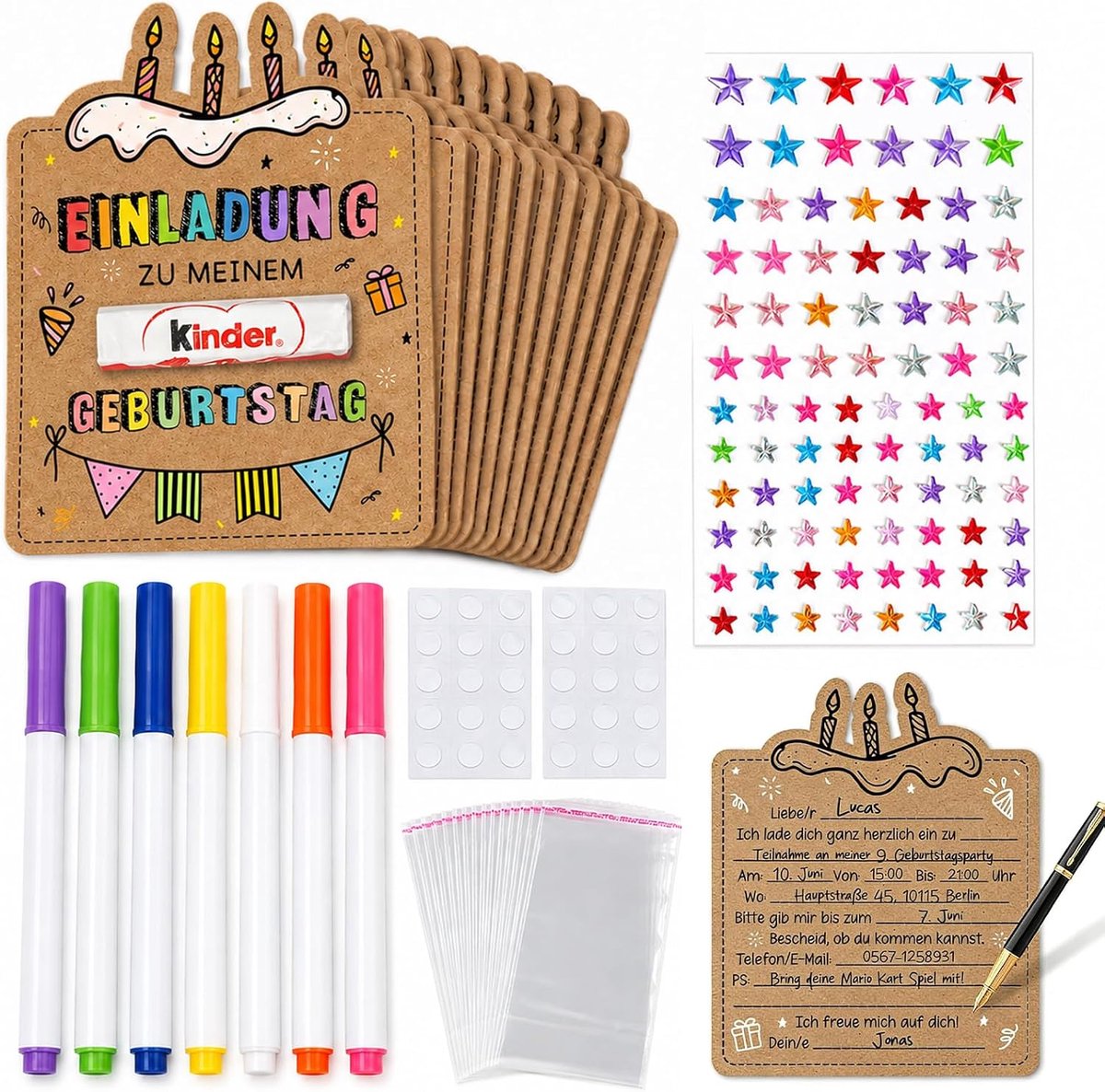 Doe-het-zelf uitnodigingskaarten voor kinderverjaardag, meisjes en jongens, 12 taartkaarten van kraftpapier om in te - ShopVlot