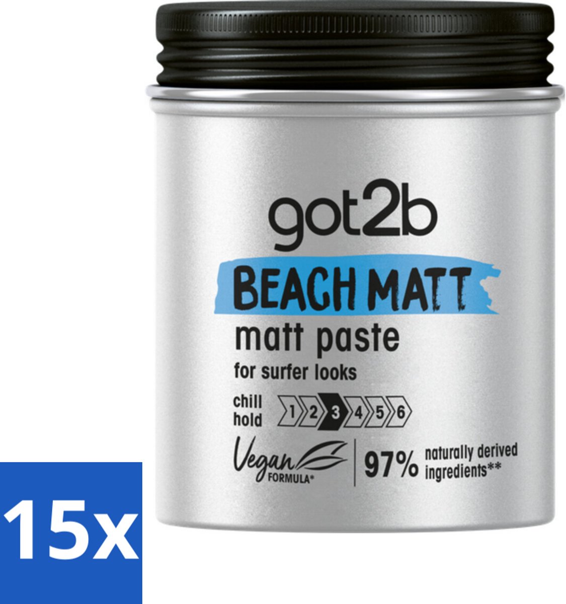 15 x Got2B - Styling Paste - Beach Matt - 100 ml - Beach Look - Matte Styling Paste - Surfer Look - Vegan Styling Paste - Natural Hair Styling