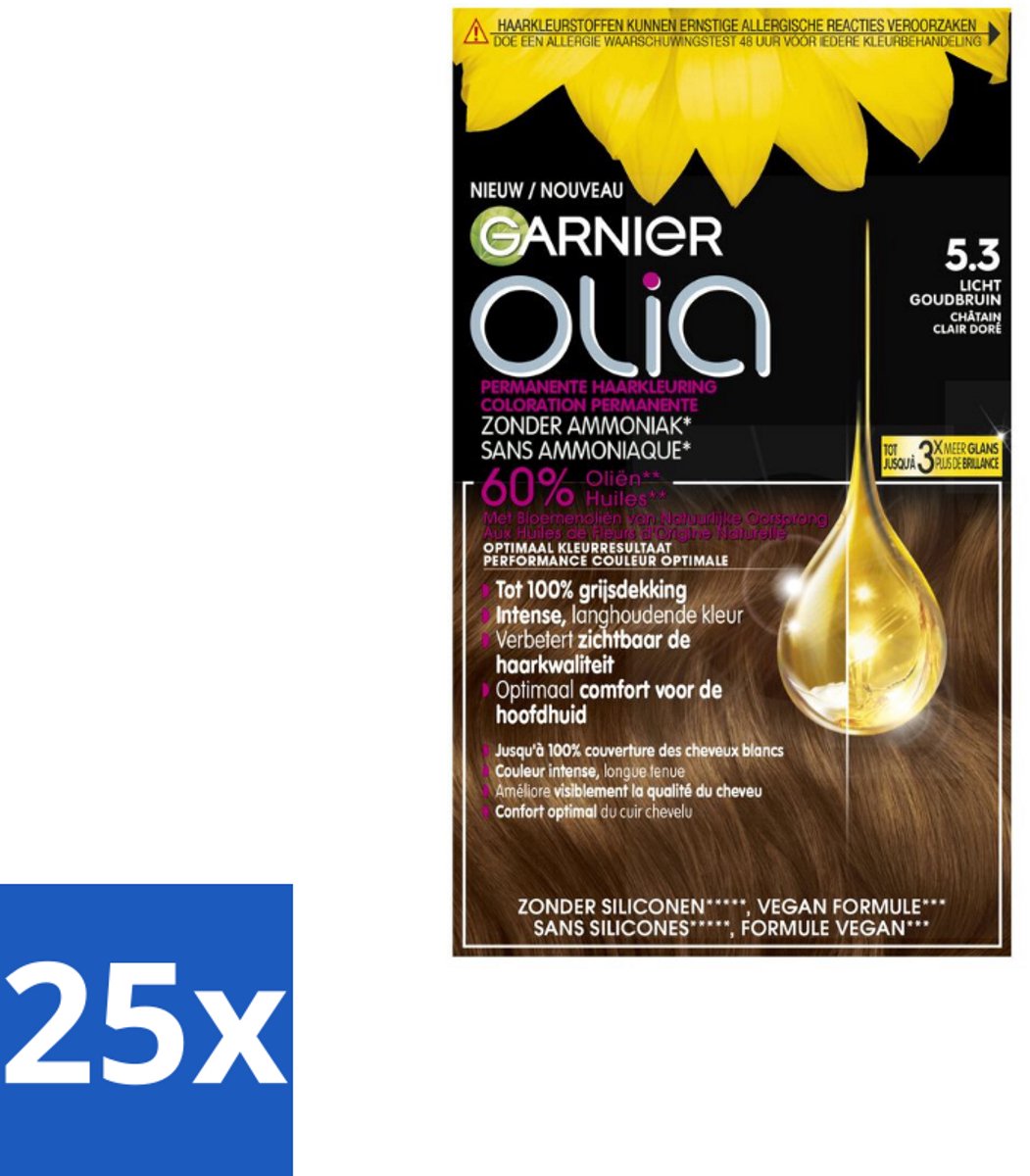 25 x Garnier - Olia 5.3 - Haarkleuring - Licht Goudbruin - Zonder Ammoniak - 60% Olie - Permanente Kleur - Haarkleuring - Permanent - Zonder Ammoniak - 60% Olie - Grijsdekking