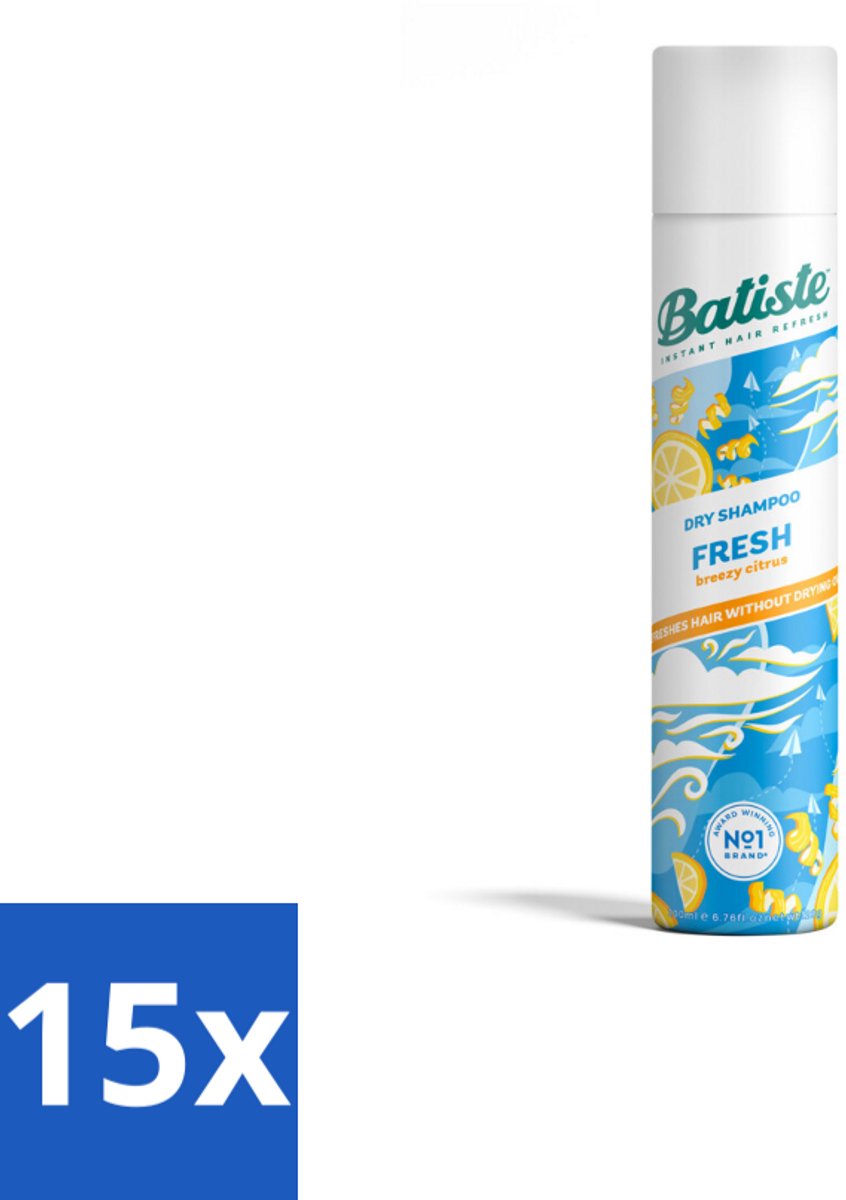 15 x Batiste - Fresh - Droogshampoo - Koele en Schone Geur - Verfrist en Geeft Grip - 200ml - Droogshampoo - Fris Haar - Koele Geur - Snel Verfrissen - Vet Haar