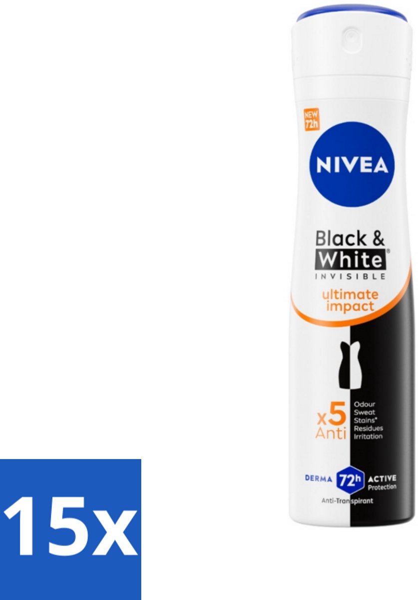 15 x NIVEA - Deodorant Spray - Zwart & Wit Ultieme Impact - Anti-Transpirant - 150 ml - Deodorant Spray - Anti-vlek - Anti-transpirant - Kledingzorg - Witte Vlekken