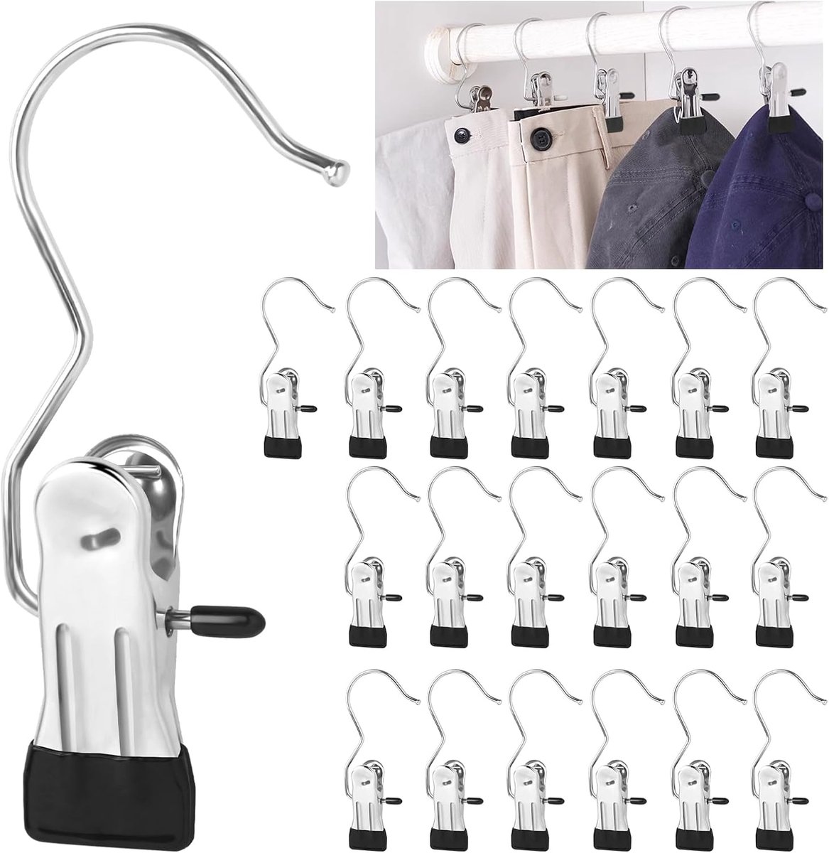 Klemhaken roestvrij staal 20 stuks - antislip haakjes - 360° draaibaar - ideaal voor handdoeken en kleding - ShopVlot