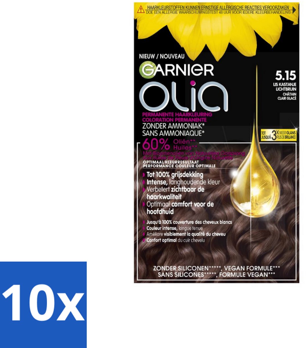 10 x Garnier - Olia 5.15 - Haarkleuring - Kastanje Lichtbruin - Zonder Ammoniak - 100% Grijsdekking - Haarkleuring - Permanent Haarkleuring - Kastanje Lichtbruin - Zonder Ammoniak - 100% Grijsdekking