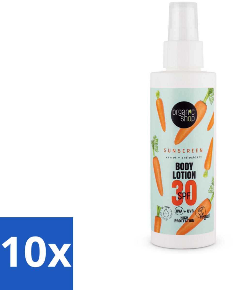 10 x Organic Shop - Zonnebrandcrème SPF 30 - Bescherming tegen de Zon - 150 ml - Zonbescherming - Zonnebrandcrème - SPF 30 - Natuurlijke Zonbescherming - Antioxidanten