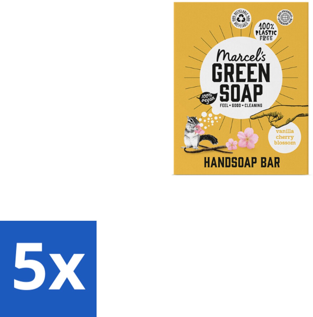 5 x Marcel's Green Soap - Handzeep Bar - Vanille & Cherry Blossom - Krachtige werking - 90 gr - Handzeep Bar - Vanille En Kersenbloesem - Plasticvrije Handzeep - Milieuvriendelijke Handzeep - Vegan Handzeep