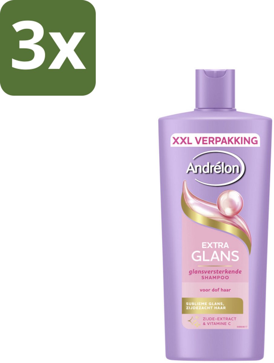3 x Andrélon – Shampoo – Extra Glans – 685 ml - Extra Glans Shampoo - Dof Haar - Zijde-extract - Vitamine C - Haarverzorging