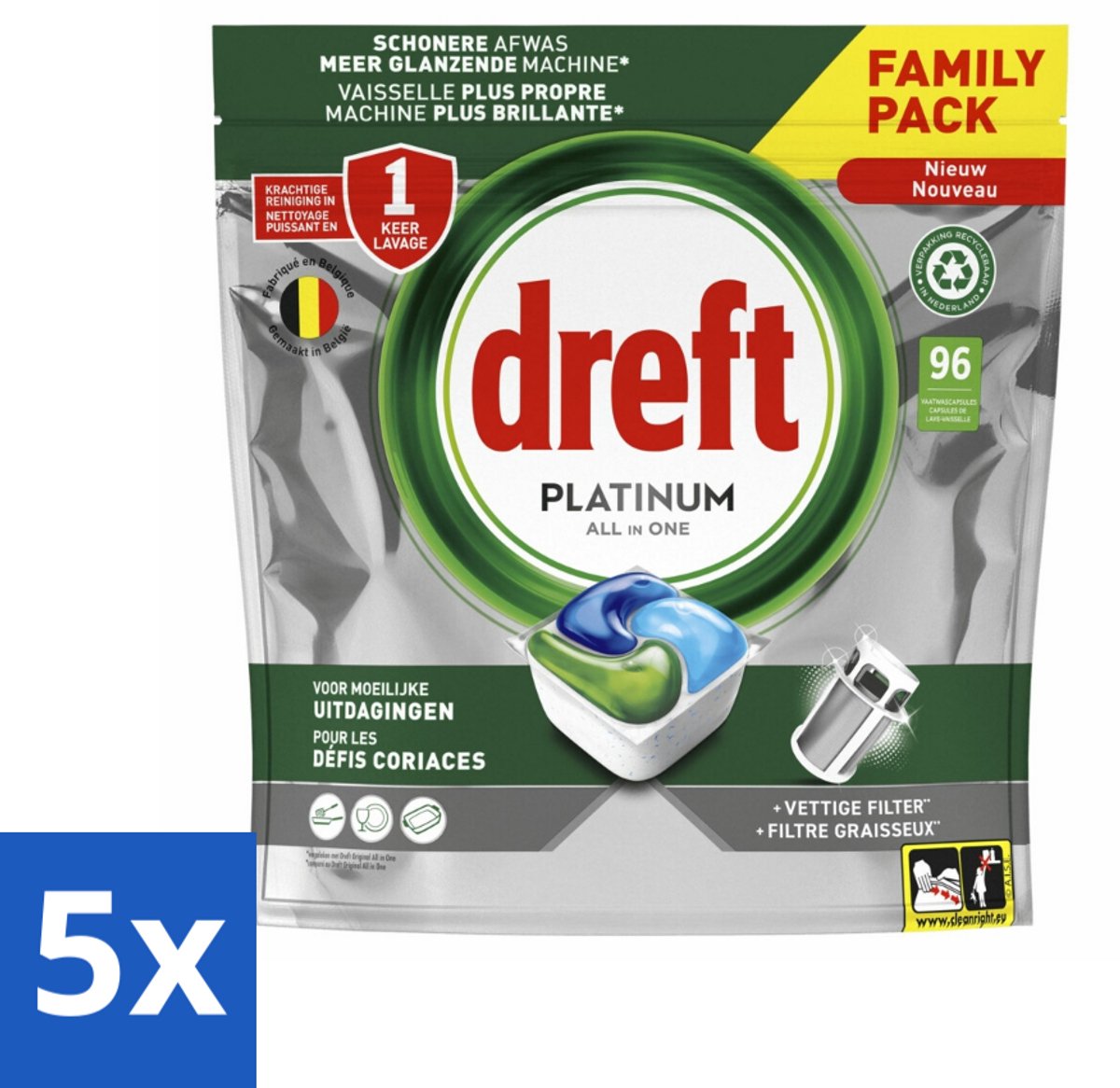 5 x Dreft - Vaatwastabletten - Platinum All-in-One Origineel - Grootverpakking - 96 Tabletten - Vaatwasmiddel - Vaatwastablet - Vetverwijdering - Vaatwasser Reinigen - Vaatwasser Filter Reinigen