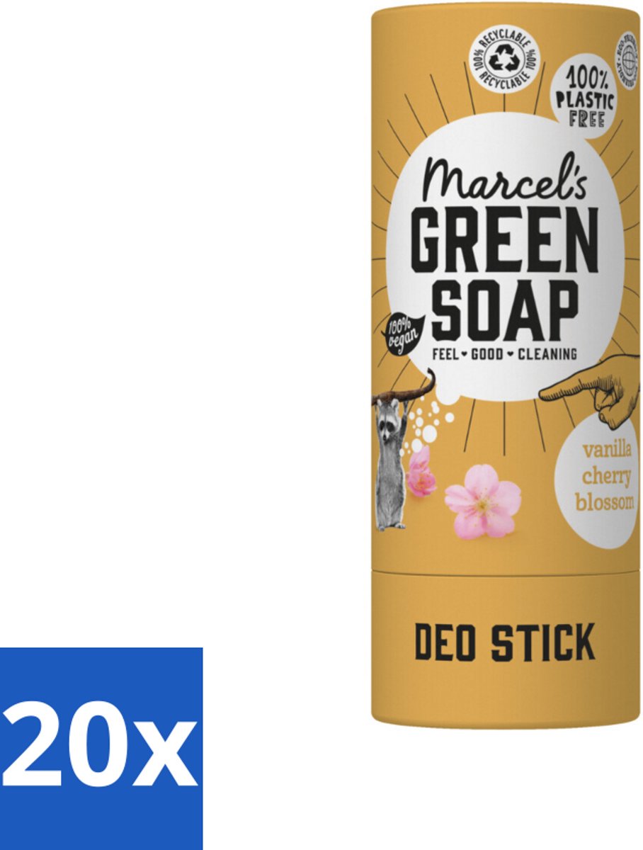 20 x Marcel's Green Soap - Deodorant Stick - Vanille & Kersenbloesem - Langdurige frisheid - 40 gr - Deodorant Stick - Vanille & Kersenbloesem - Duurzame Deodorant - Vegan Deodorant - Biologische Deodorant