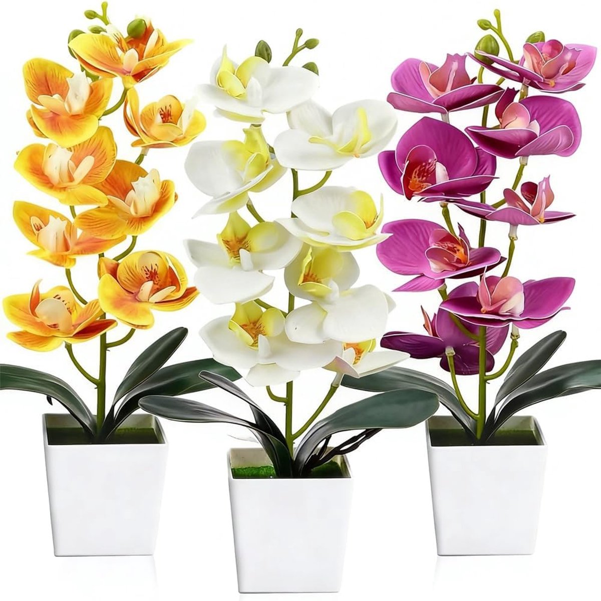 Kunstplant Orchideeën Set van 3 - 30 cm - Phalaenopsis - Wit, Roze, Geel - Elegante decoratie voor woonkamer - ShopVlot