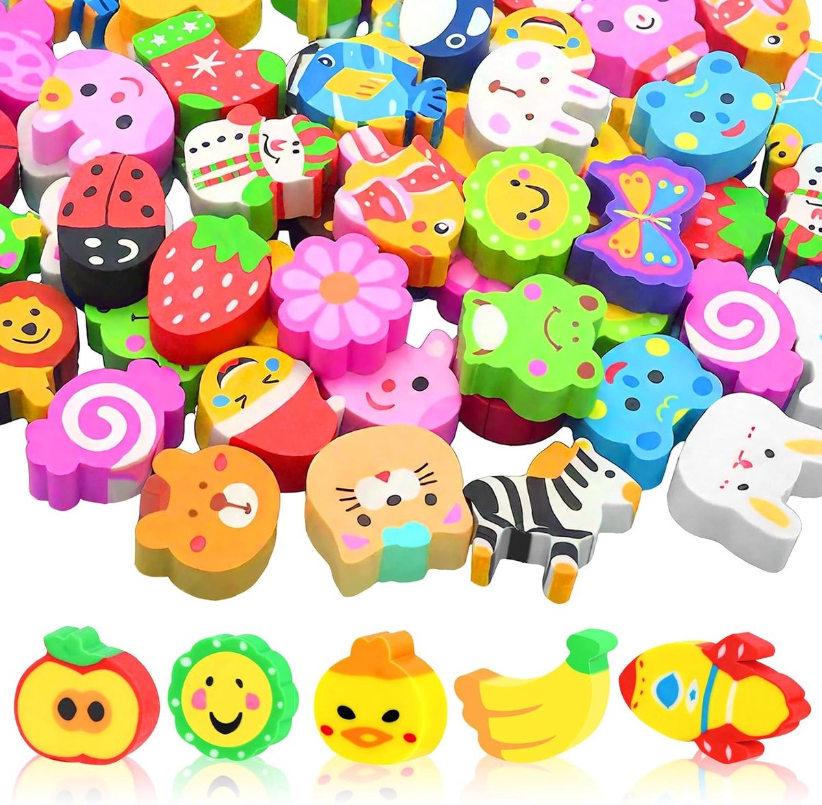 Rubbers gummen assortiment - 60 stuks - dieren designs - leuk voor kinderen - ShopVlot