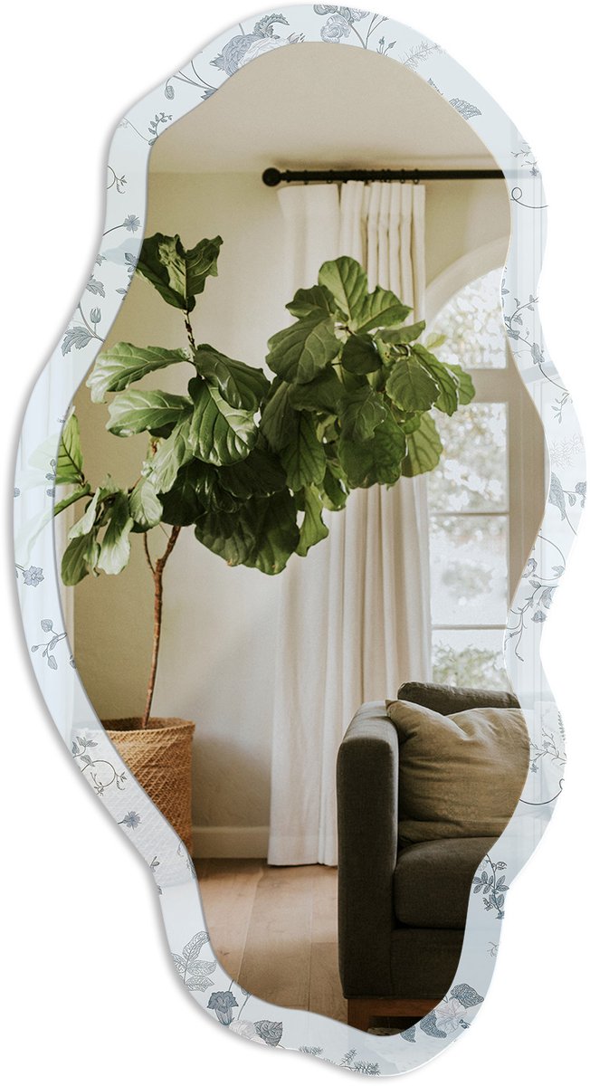 TULUP Botanische Bloemen Spiegel - Blauw Rechthoekige Spiegel Met Modern Design - Organische Spiegel - Slaapkamer, Woonkamer, Hal - Klassiek - 45x90 cm - Totale afmeting 52x97 cm Botanische Bloemen, Blauw