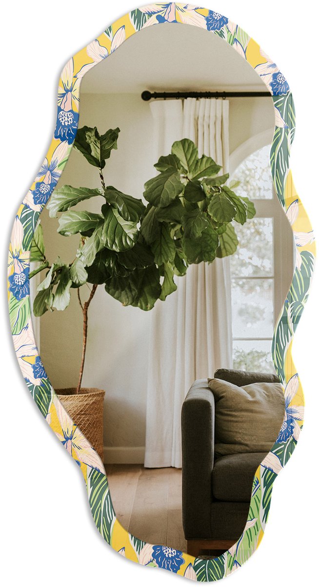 TULUP Tropische Bloemen Spiegel - Geel Rechthoekige Spiegel Voor Interieur - Organische Spiegel - Woonkamer - Illustratief - 45x90 cm - Totale afmeting 52x97 cm Tropische Bloemen, Geel
