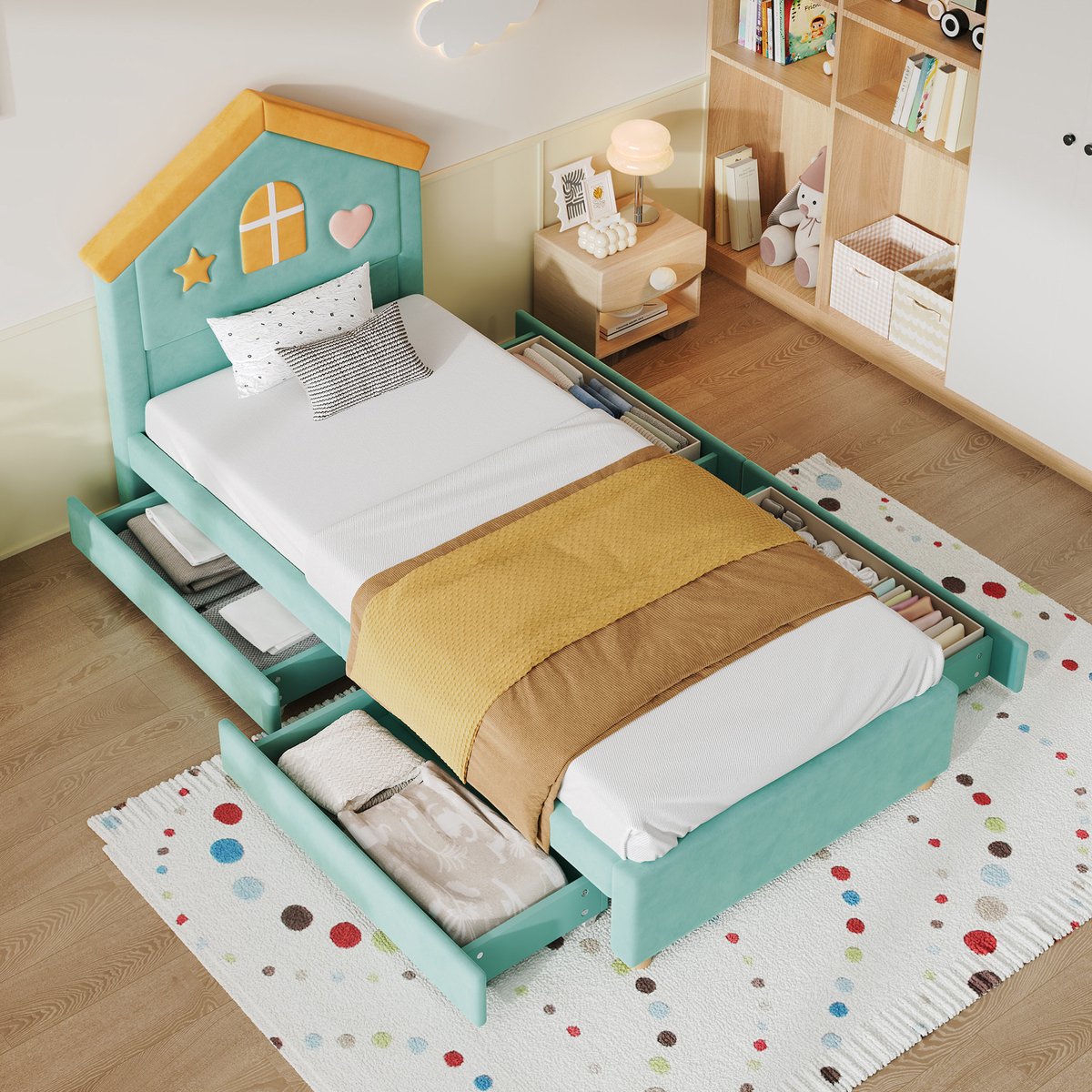 FloraGrace Kinderbed 90x200 cm - Huisbed Met Opbergruimte en 4 Lades - Polsterbed Van Franse Velours - Blauwgroen - Zonder Matras