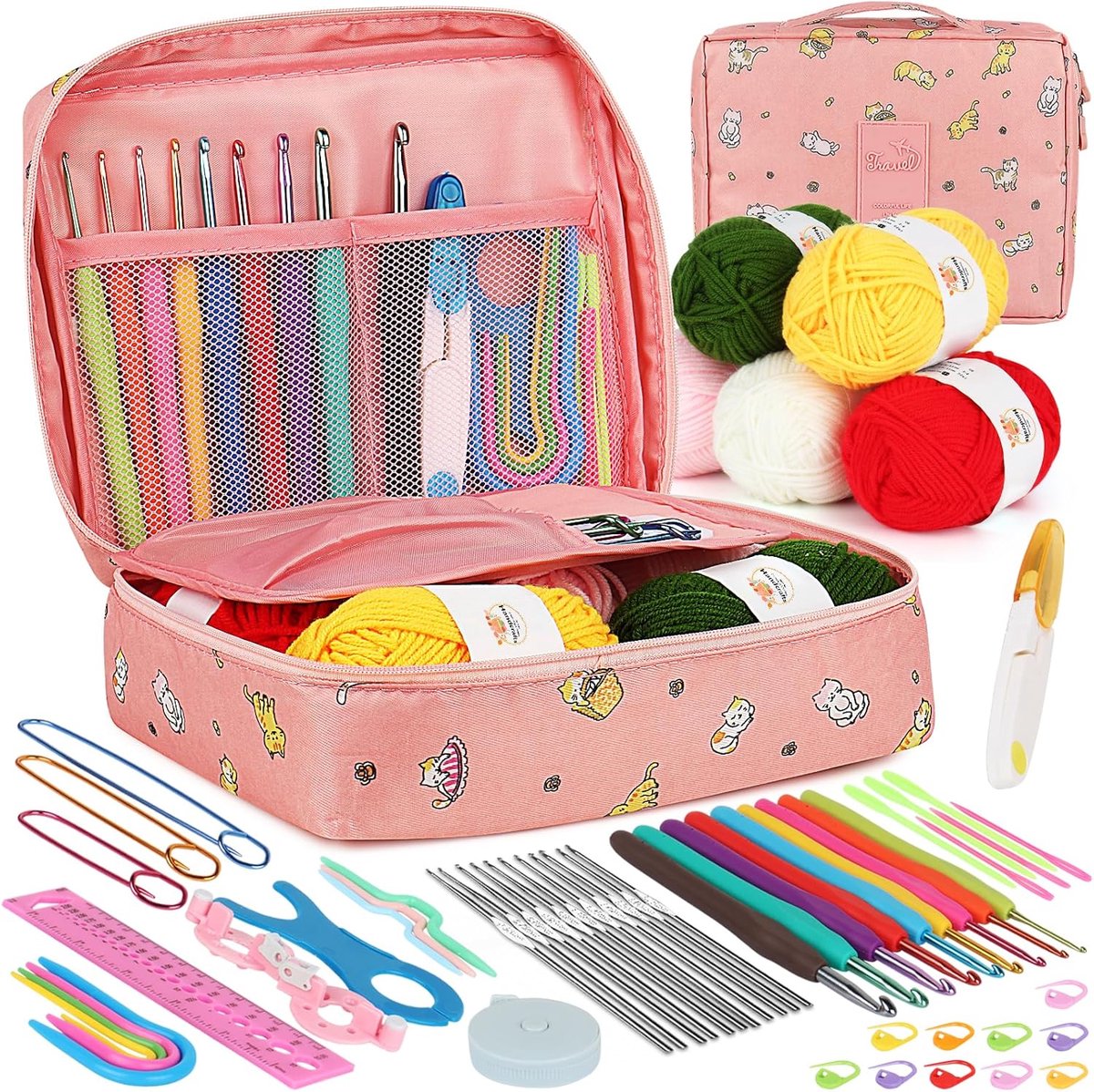 Haakset voor beginners - volledige materialen - voor handwerk en ontspanning - draagbare haakkit - voor volwassen vrouwen - roze - 1 set