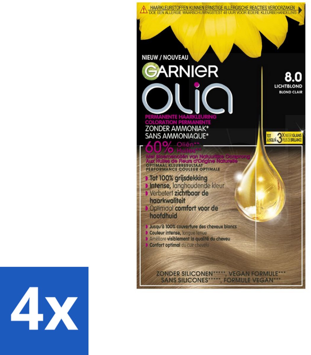 Garnier - Olia 8 - Haarkleuring - Lichtblond - Zonder Ammoniak - 60% Olie - Permanente Kleur - Voordeelverpakking - 4 stuks
