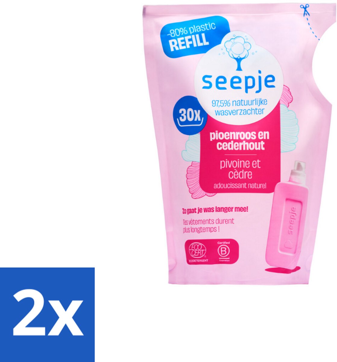 Seepje - Wasverzachter - Duurzaam & Frisse Geur - Navulling - Pioenroos en Cederhout - 30 Wasbeurten - 750 ml - Voordeelverpakking - 2 stuks