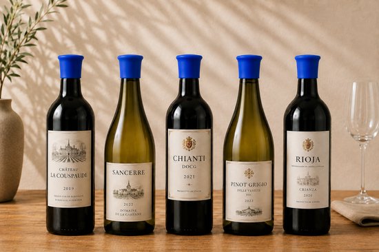 Vijf wijnflessen met blauwe siliconen stoppers, waaronder Château La Couspaude, Sancerre, Chianti, Pinot Grigio en Rioja.