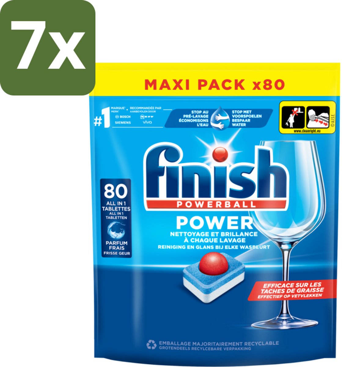 Finish - Vaatwasmiddel - Power All in One Regular - Effectieve Alles-in-1 Reiniging - 80 capsules - Bulkverpakking - 7 stuks