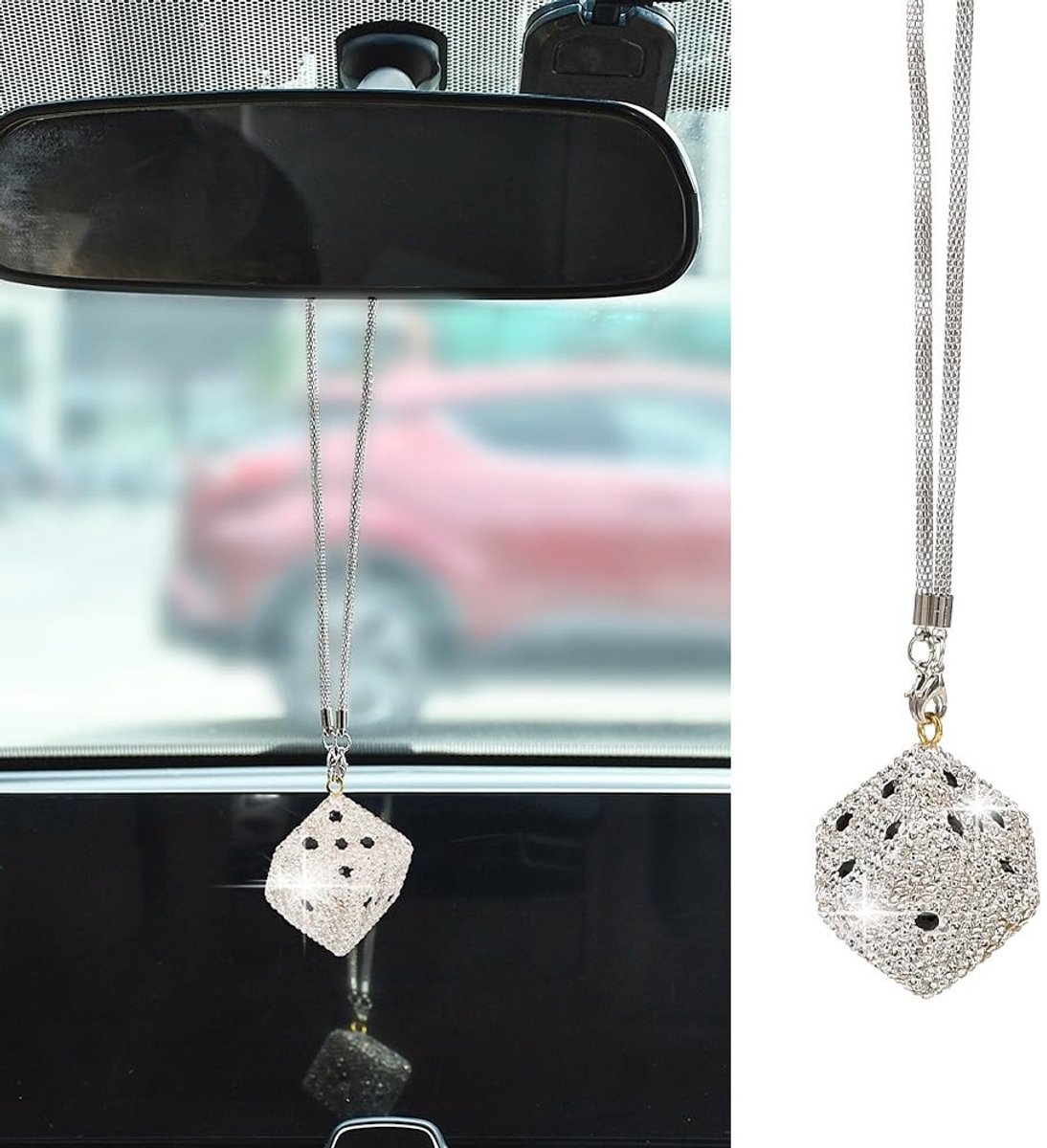 Dobbelstenen autohanger - fuzzy vierkant - zilver - unieke auto decoratie - ShopVlot