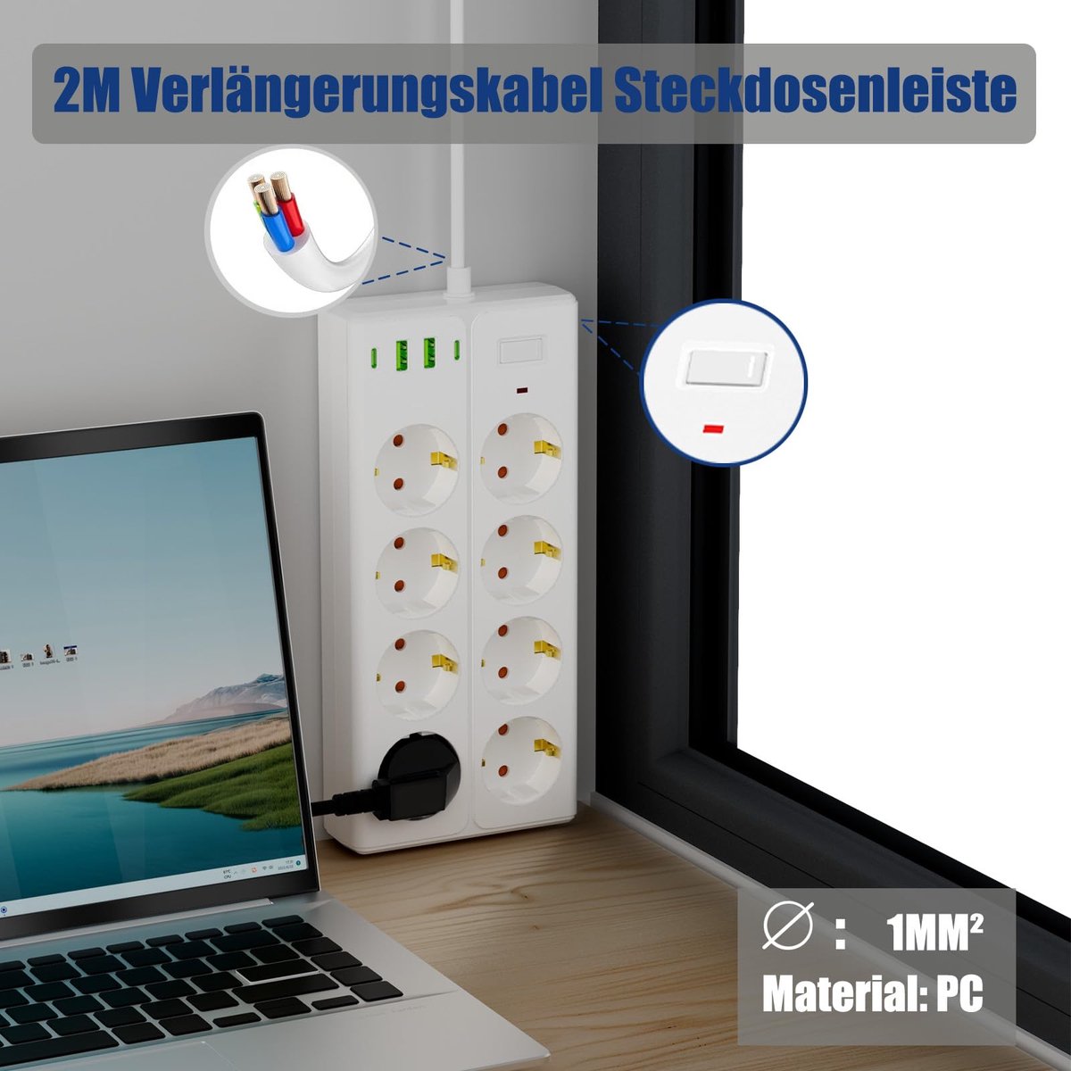 Stekkerdoos 8-voudig met schakelaar - 2 m verlengkabel - 3 USB/3 Type-C poorten - ShopVlot