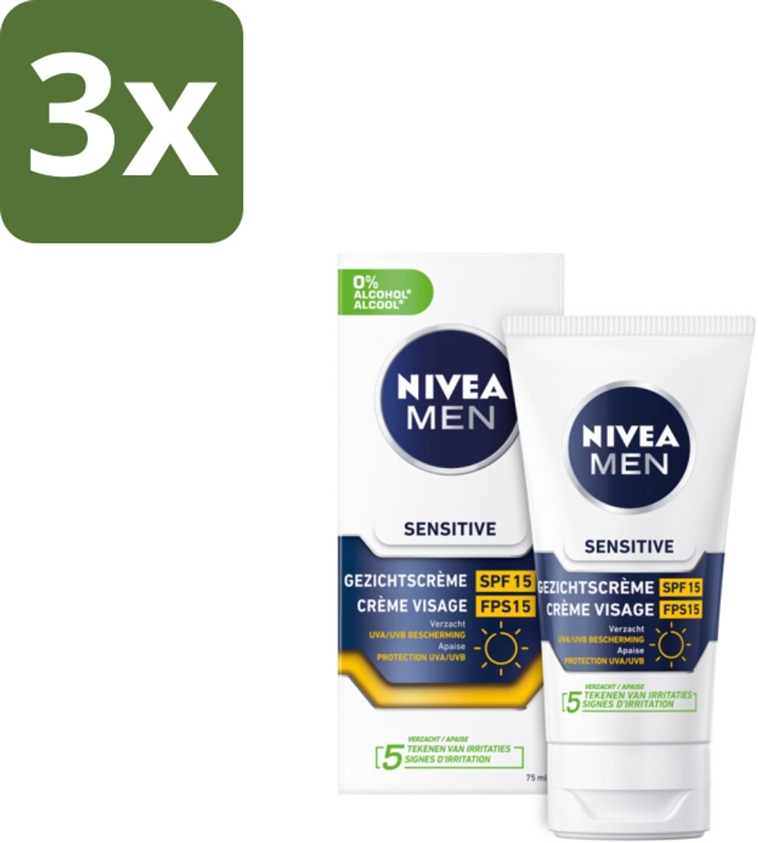 NIVEA MEN - Sensitive - Gezichtscrème met SPF 15 - 75 ml - Bulkverpakking - 3 stuks