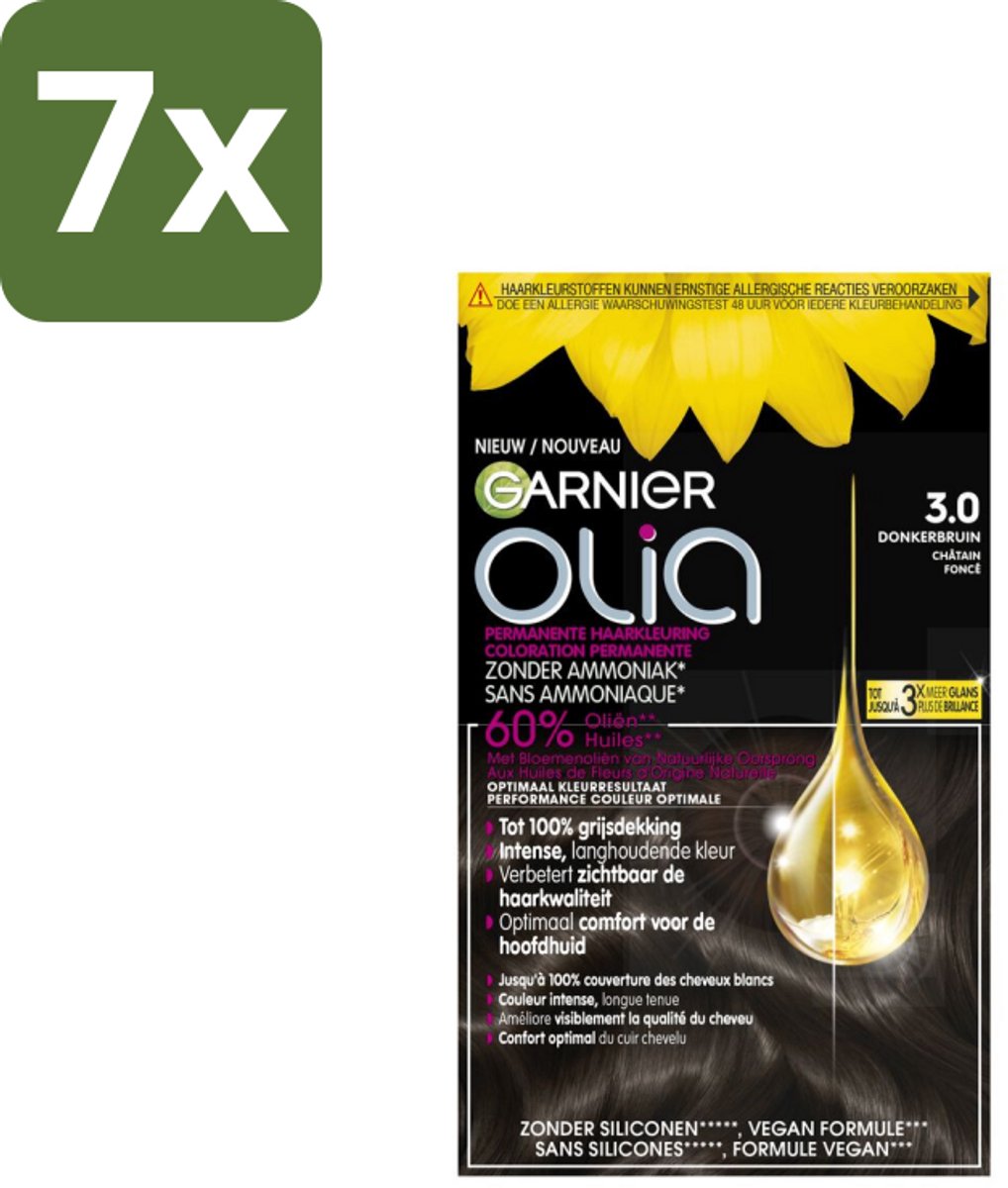 Garnier - Olia 3 - Haarkleuring - Donkerbruin - Zonder Ammoniak - Intense Langhoudende Kleur - 100% Grijsdekking - Bulkverpakking - 7 stuks