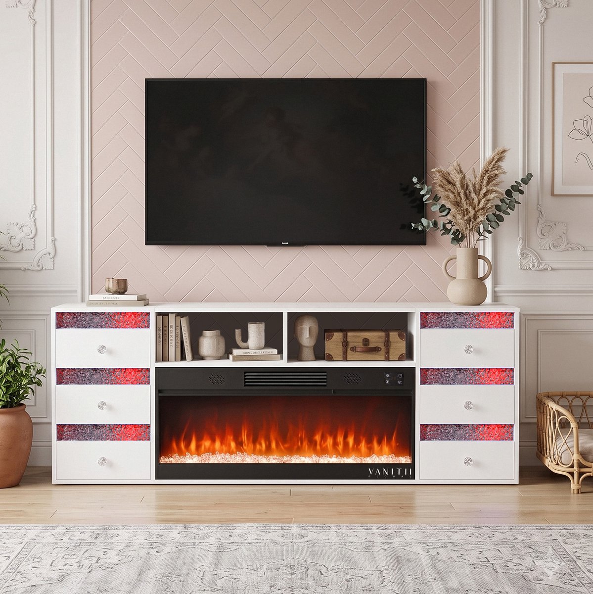 VANITII GLOBAL TV-Kast Met Elektrische Haard LED RGB 6 Lades WIT 180 x 40 x 65 cm