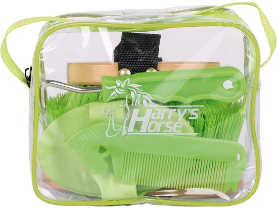 Transparante tas met paarse poetsspullen: borstel, kam, hoevenkrabber, spons en meer.