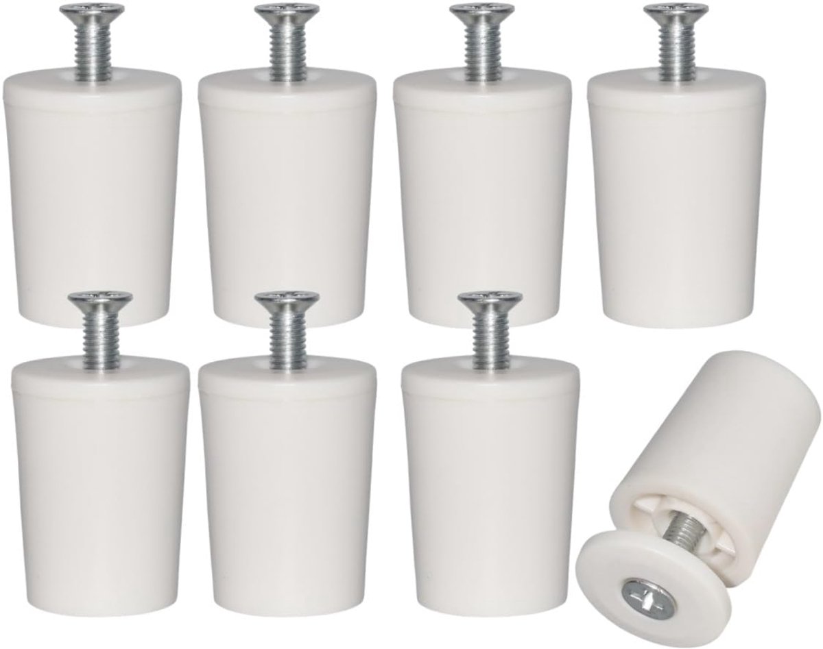 Acht witte rolluikstoppers van 40 mm om de lamellen van het rolluik te beschermen; rolluikstoppers met schroeven en ringen