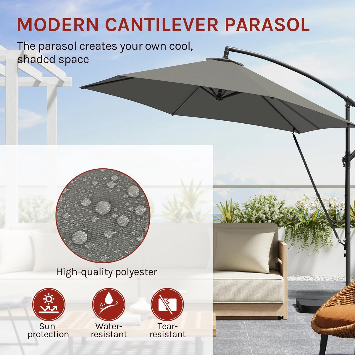 Parasol - Zweefparasol - Tuinparasol - Kantelbaar - 360° draaibaar - Waterafstotend - Versterkte kruisvoet - 300cm - Grijs – foto 5