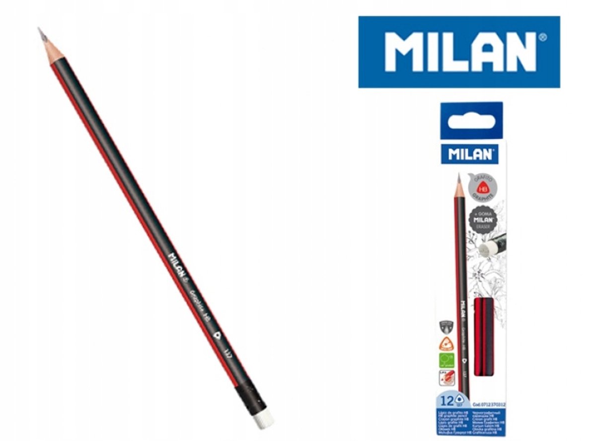 MILAN HB Potlood Set - 12 Stuks, Driehoekig met Gum, Ideaal voor Tekenen
