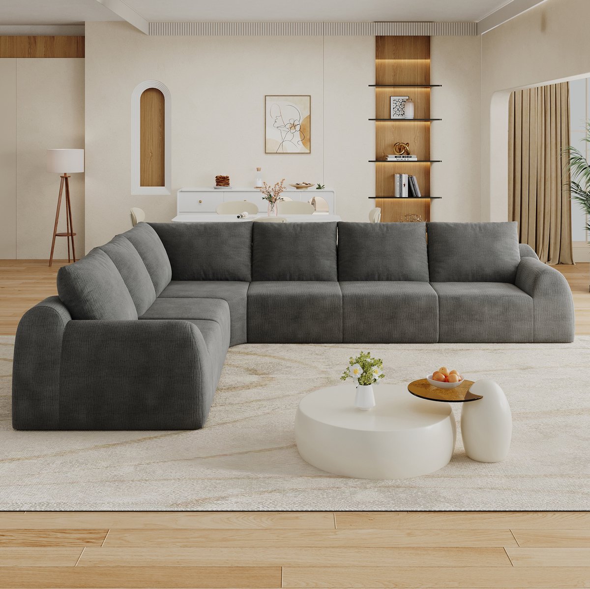 OKWISH Hoekbank 334 cm - 6-Zits Boneless Bank met Zachte Schuimvulling - Voor Woonkamer en Lounge - Schenillestof - Donkergrijs