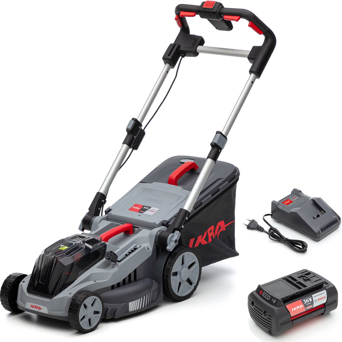 IKRA Bosch 36 V 3-in-1 accu-grasmaaier IB-LM 38 met mulchfunctie, voor gazons tot circa 400 m² – inclusief 36V accu (4,0 Ah) en oplader