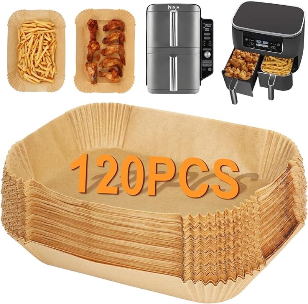 120 stuks Wegwerp Airfryer Papieren Voor Ninja Dual Zone AF300UK AF400UK, Perkamentpapier Liner voor Luchtfriteuse, Vetbestendig Antiaanbak Accessoires voor Ninja, Salter, Tower