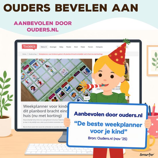 Écran avec un planificateur hebdomadaire et le texte 'Recommandé par parents.nl'.