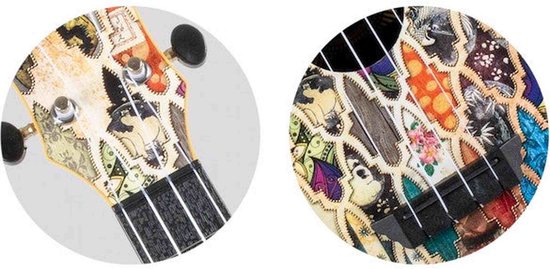 Ukelele kop met een patroon van postzegels, illustraties en kaarten in diverse kleuren.