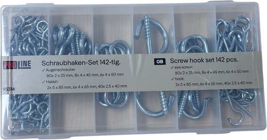 Set de crochets 142 pièces de Pro-Line dans une boîte transparente, avec des vis à œillet et des crochets de différentes tailles.