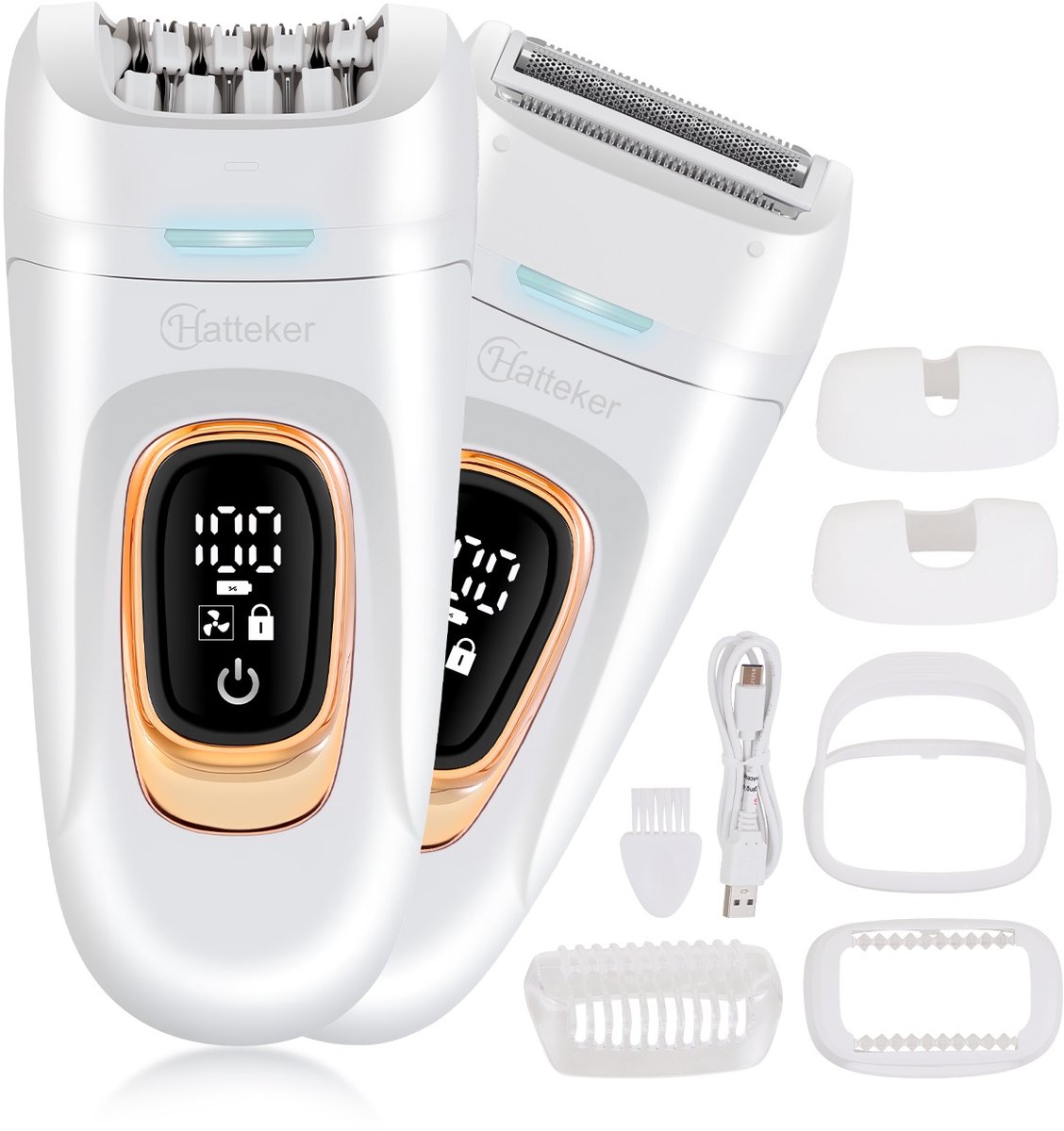 HATTEKER 2-in-1 Ladyshave – Epilator en Damestrimmer – Damesepilator – 24 Pincetten – 2 Snelheden – IPX7 Waterdicht – Wit