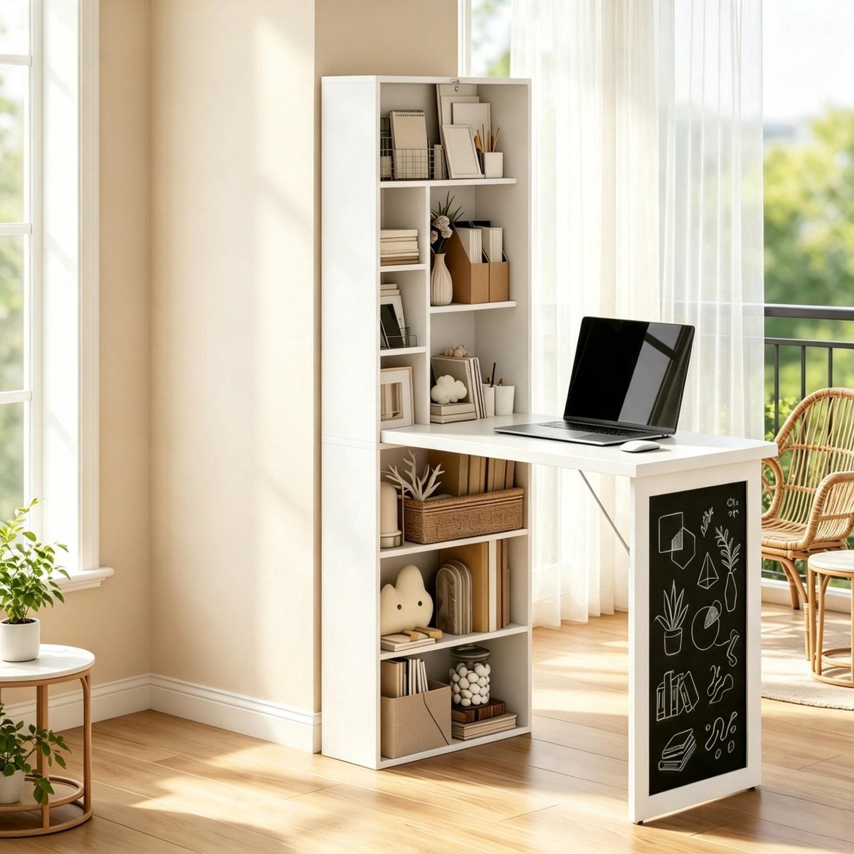 Bureau - met opbergruimte en inklapbaar - zwart en wit - afmetingen 98 x 51 x 153 cm - materiaal mdf en hout - voor een praktische werkplek