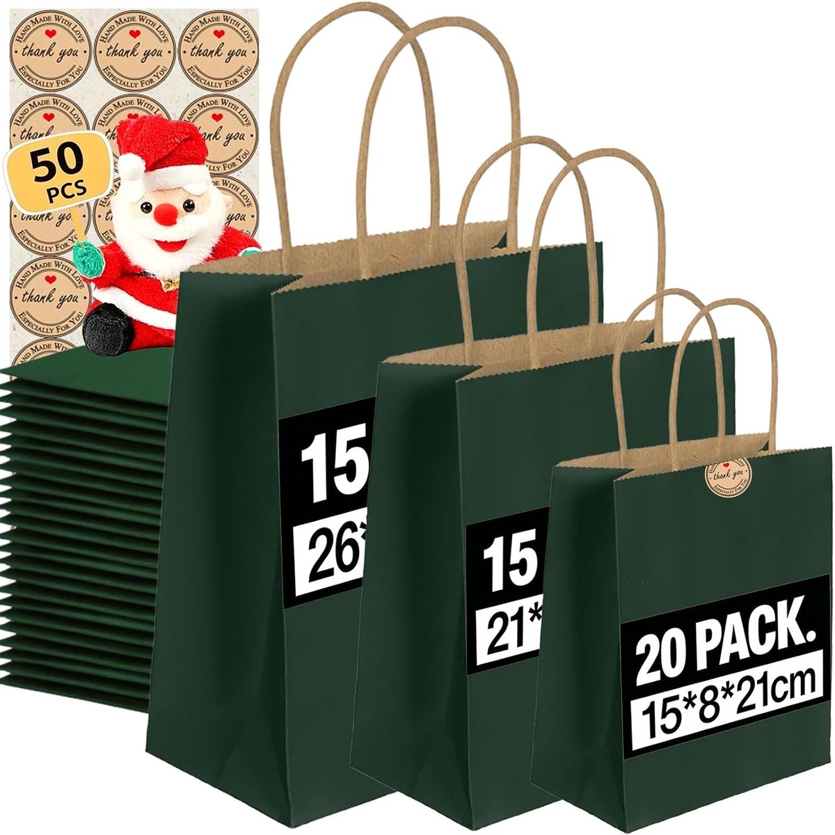 50 stuks cadeauzakjes met handvat, 3 maten papieren zakken met stickers, 130 g/m² kraftpapieren zakken, winkelen - ShopVlot